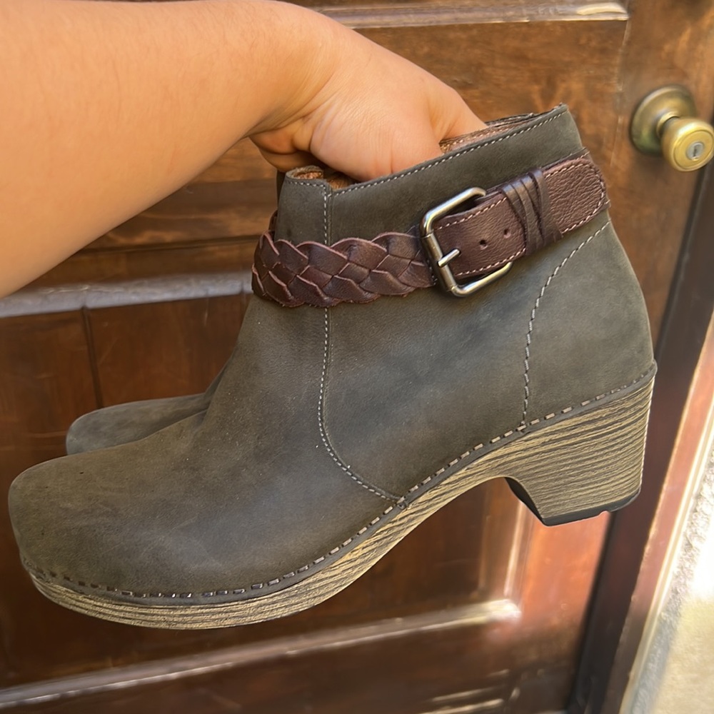 Dansko Olive Green gray Suede Ankle Boots with Brown Braided Strap